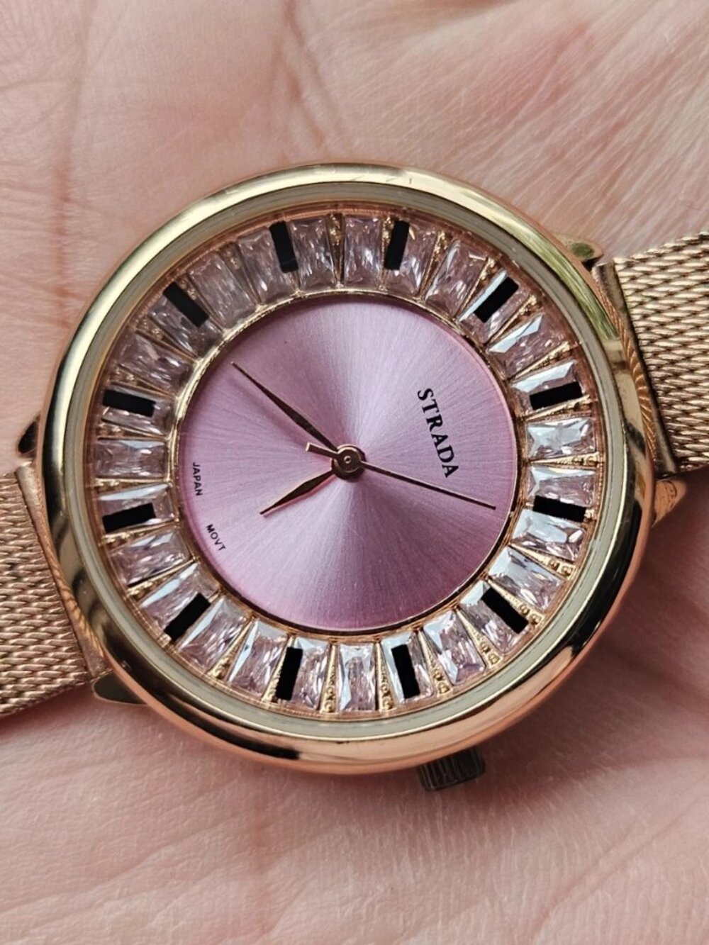 Strada Ladies Wristwatch Rose Gold Tone Analog Crystals Accent Face Wrist Watch